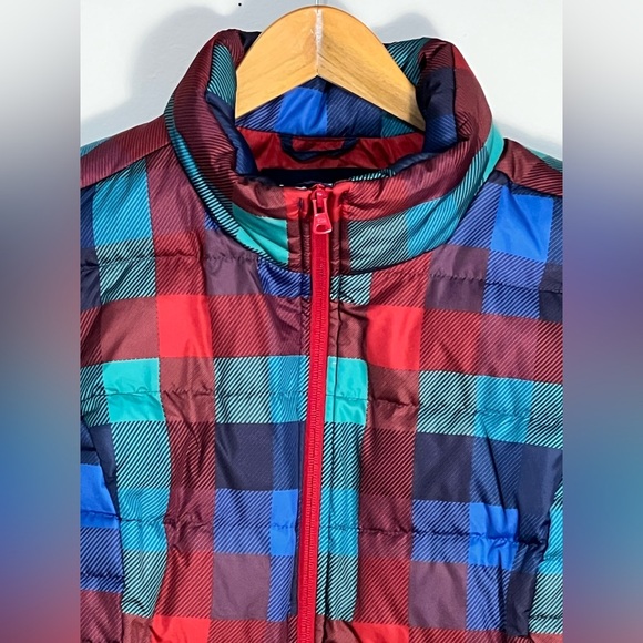 Lands' End Red Blue Turquoise Plaid Down Puffer Vest Large - Picture 2 of 10